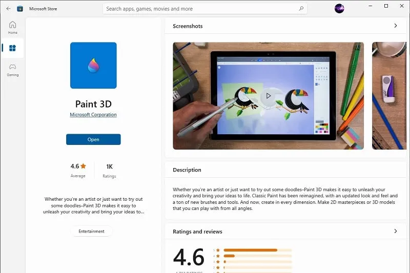 Giao diện Paint 3D khi mới khởi động, sẵn sàng cho các thao tác cắt sửa hình ảnh