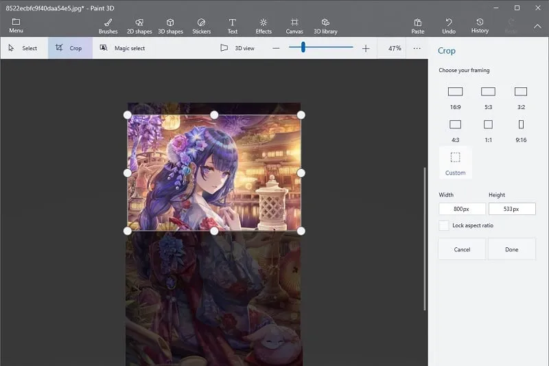 Sử dụng công cụ Crop trong Paint 3D để chọn vùng cần cắt sửa hình ảnh