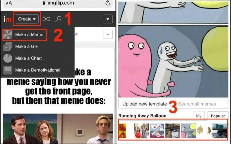 Màn hình chọn mẫu meme trên Imgflip, cho phép người dùng lựa chọn ảnh gốc để chế ảnh trên máy tính