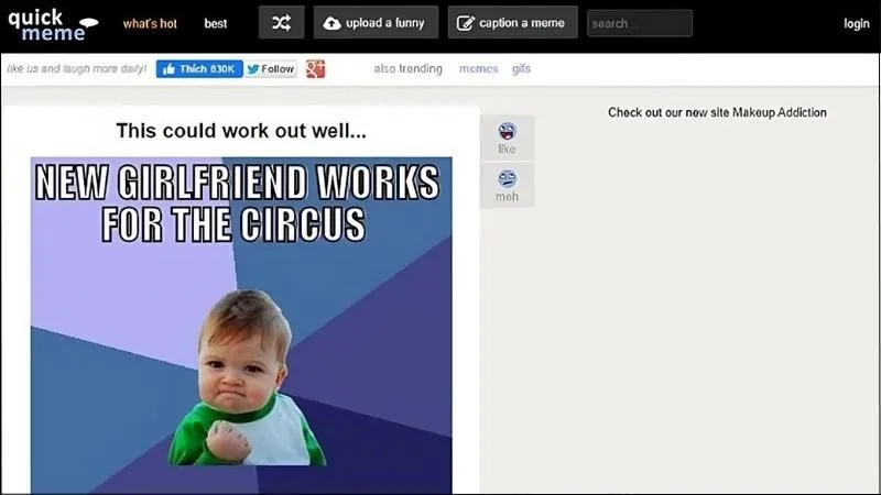 Giao diện đơn giản của Quickmeme, giúp người dùng dễ dàng thực hiện thao tác chế ảnh trên máy tính