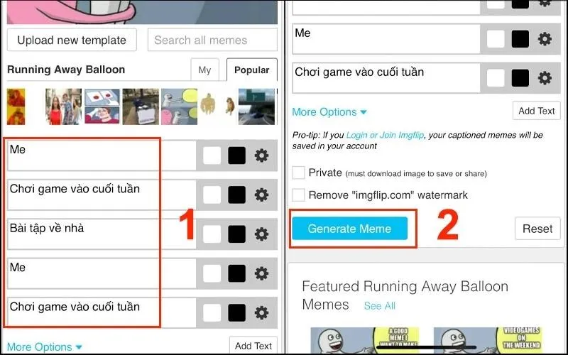 Giao diện nhập văn bản và nút &quot;Generate Meme&quot; trên Imgflip, hoàn tất quá trình chế ảnh trên máy tính