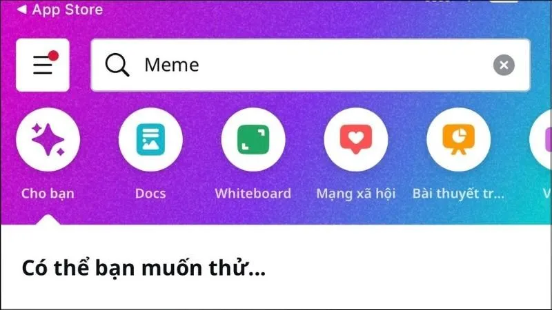 Thanh tìm kiếm trên giao diện Canva, nơi người dùng nhập từ khóa &quot;Meme&quot; để tìm mẫu chế ảnh trên máy tính