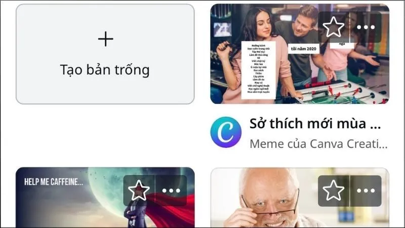 Các mẫu meme có sẵn và tùy chọn &quot;Tạo bản trống&quot; trên Canva, giúp người dùng linh hoạt chế ảnh trên máy tính
