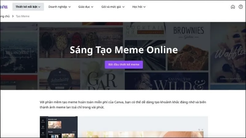 Giao diện Canva trên máy tính với nút &quot;Bắt đầu thiết kế meme&quot; khuyến khích người dùng sáng tạo chế ảnh