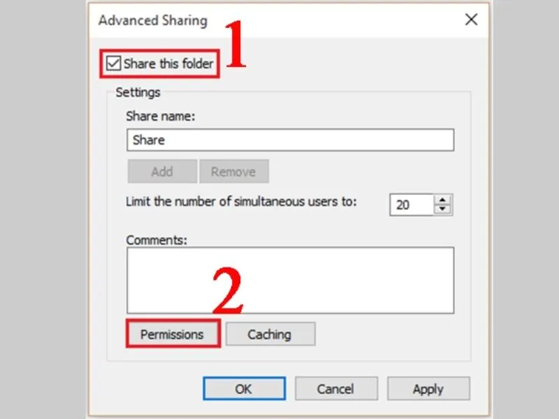 Đánh dấu tùy chọn Share this folder và truy cập Permissions