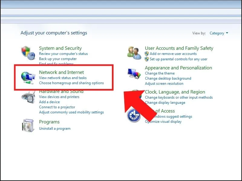 Thực hiện mở Network and Internet để thiết lập cách mở máy tính trên mạng lan