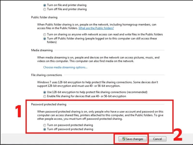 Tắt mật khẩu bảo vệ chia sẻ để thực hiện cách mở máy tính trên mạng lan