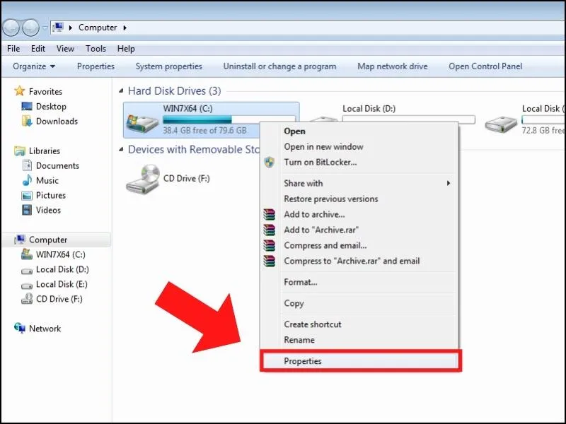 Chọn Properties của ổ đĩa để bắt đầu thiết lập chia sẻ qua mạng LAN