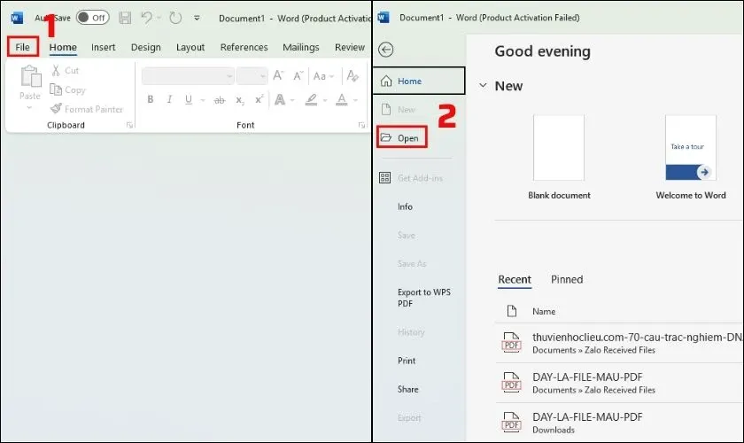 Mở Microsoft Word và chọn File, Open để sửa file PDF trên máy tính