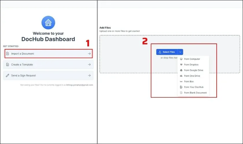 Chọn và nhập tài liệu PDF vào Dochub từ máy tính hoặc dịch vụ lưu trữ đám mây