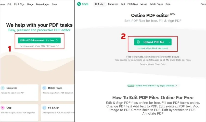 Chọn &quot;Edit a PDF Document&quot; trên Sejda để bắt đầu chỉnh sửa tài liệu PDF