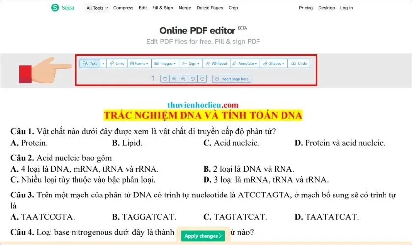 Giao diện chỉnh sửa file PDF của Sejda cho phép thay đổi văn bản và hình ảnh