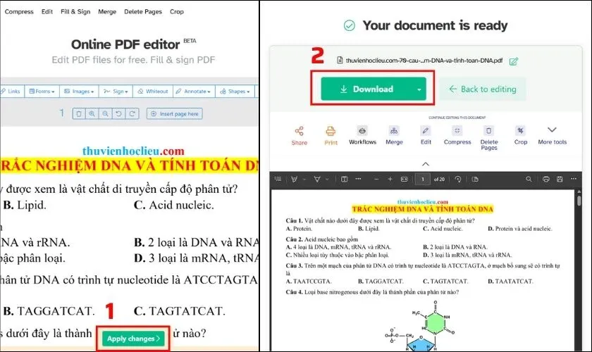 Áp dụng các thay đổi và tải xuống file PDF đã chỉnh sửa từ Sejda