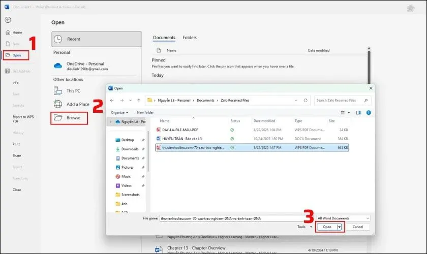 Chọn tệp PDF cần chỉnh sửa từ thư mục máy tính và nhấn Open để tiếp tục trong Word