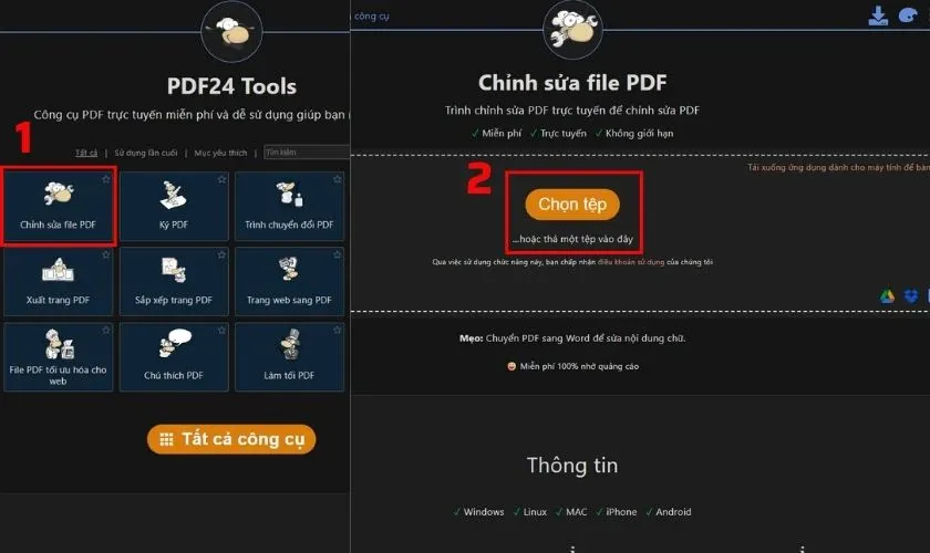 Tải lên file PDF vào PDF24 Tools để bắt đầu chỉnh sửa tài liệu