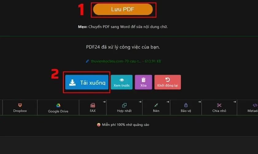 Lưu và tải xuống file PDF đã chỉnh sửa từ PDF24 Tools về máy tính