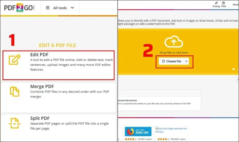 Chọn tệp PDF từ máy tính để tải lên và chỉnh sửa trên PDF2GO