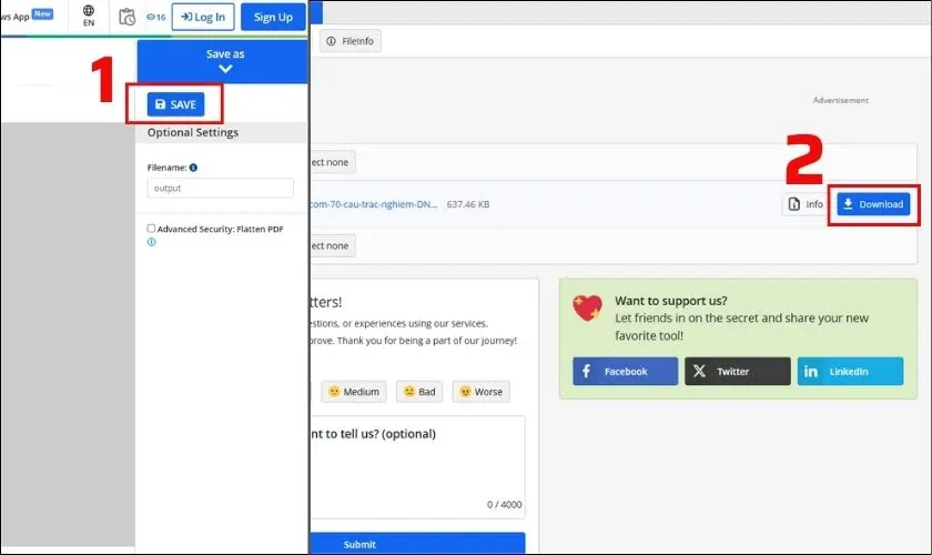 Lưu và tải file PDF đã chỉnh sửa từ PDF2GO về thiết bị của bạn