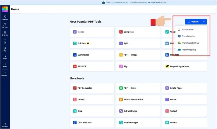 Giao diện Smallpdf với tùy chọn tải lên file PDF để bắt đầu chỉnh sửa trực tuyến