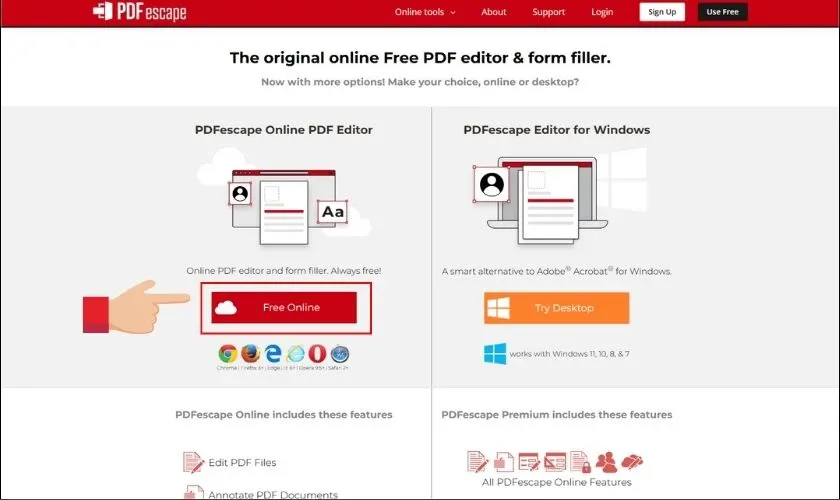 Bắt đầu chỉnh sửa file PDF miễn phí bằng cách chọn &quot;Free Online&quot; trên PDFescape