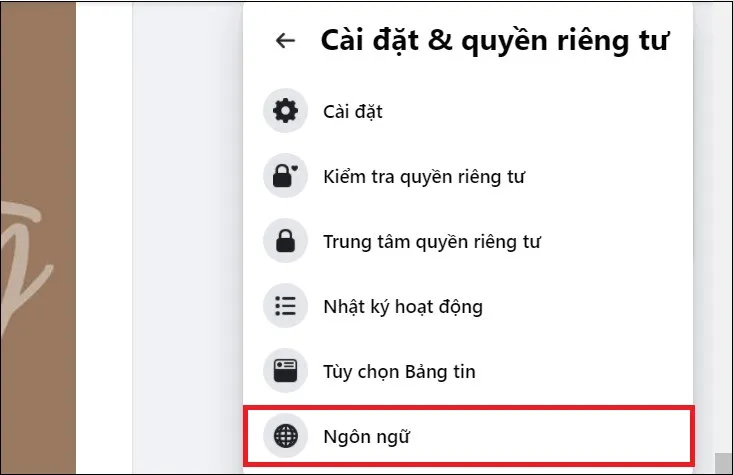 Màn hình cài đặt Facebook hiển thị mục &quot;Ngôn ngữ&quot; được chọn, cho phép người dùng điều chỉnh ngôn ngữ hiển thị của giao diện.