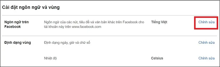 Phần cài đặt ngôn ngữ trên Facebook hiển thị tùy chọn &quot;Chỉnh sửa&quot;, cho phép người dùng thay đổi ngôn ngữ hiển thị của nền tảng.