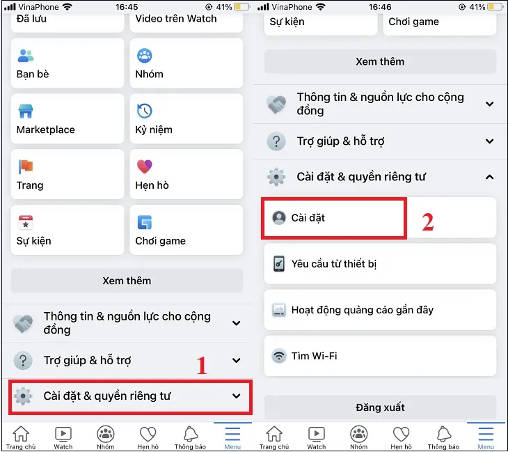 Màn hình ứng dụng Facebook trên điện thoại hiển thị menu &quot;Cài đặt &amp; quyền riêng tư&quot;, người dùng chạm vào để truy cập các tùy chọn cài đặt, chuẩn bị đổi tên Facebook.