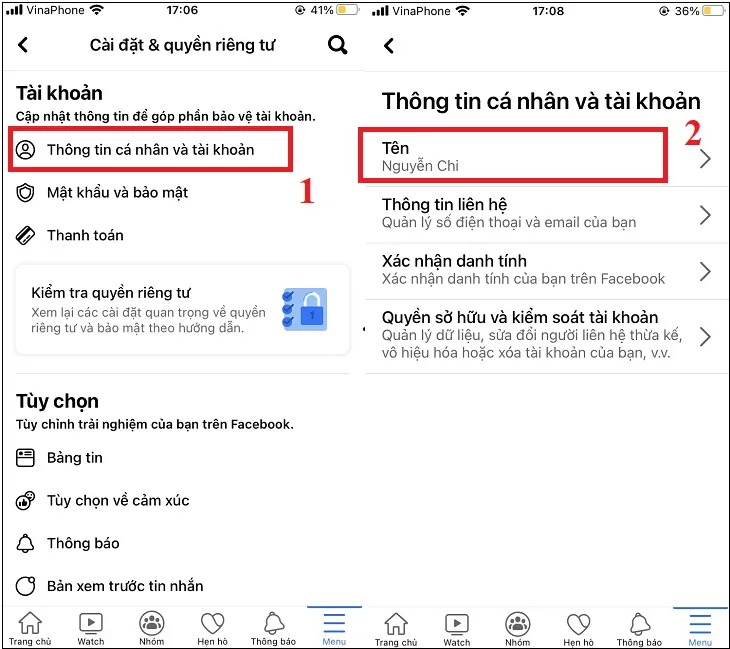 Giao diện cài đặt trên ứng dụng Facebook hiển thị mục &quot;Thông tin cá nhân và tài khoản&quot;, người dùng chạm vào &quot;Tên&quot; để tiến hành thay đổi tên tài khoản.