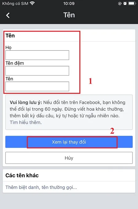 Màn hình thay đổi tên trên ứng dụng Facebook, người dùng đã điền thông tin tên mới và đang chạm vào nút &quot;Xem lại thay đổi&quot; để xác nhận trước khi lưu.