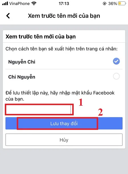 Màn hình xác nhận thay đổi tên trên ứng dụng Facebook, người dùng cần nhập mật khẩu tài khoản và chạm vào &quot;Lưu thay đổi&quot; để hoàn tất việc đổi tên.