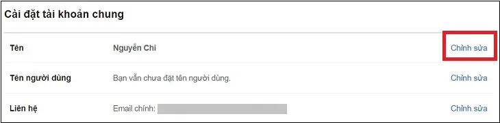 Một phần của trang cài đặt Facebook hiển thị mục &quot;Tên&quot; với tùy chọn &quot;Chỉnh sửa&quot;, nơi người dùng có thể bắt đầu thay đổi tên tài khoản của mình trên máy tính.