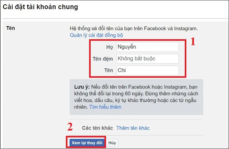 Giao diện thay đổi thông tin cá nhân trên Facebook, người dùng đã nhập tên mới và đang nhấn nút &quot;Xem lại thay đổi&quot; để xác nhận, chuẩn bị cho việc lưu tên mới.