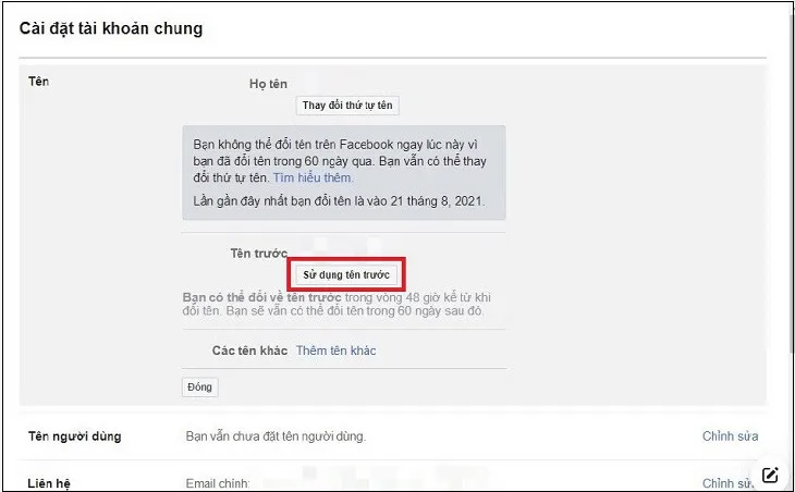 Cửa sổ hiển thị các lựa chọn tên trên Facebook, trong đó có nút &quot;Sử dụng tên trước&quot; giúp người dùng quay lại tên cũ một cách nhanh chóng.
