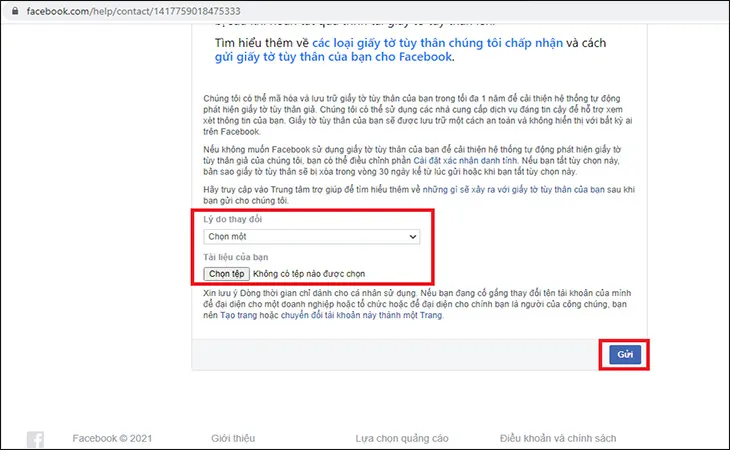 Phần cuối của form đổi tên trên Facebook, người dùng đang chọn lý do thay đổi và tải lên ảnh chụp CMND để xác minh danh tính và hoàn tất yêu cầu.