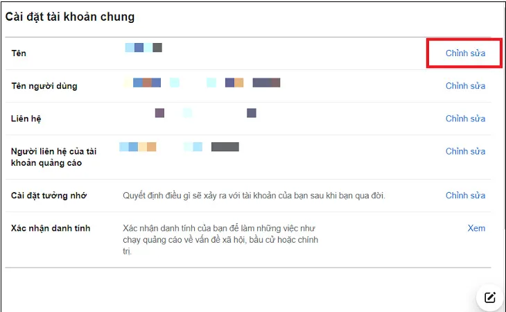Phần cài đặt tài khoản chung trên Facebook hiển thị mục &quot;Tên&quot; với tùy chọn &quot;Chỉnh sửa&quot;, nơi người dùng có thể quản lý và thay đổi thông tin tên của mình.