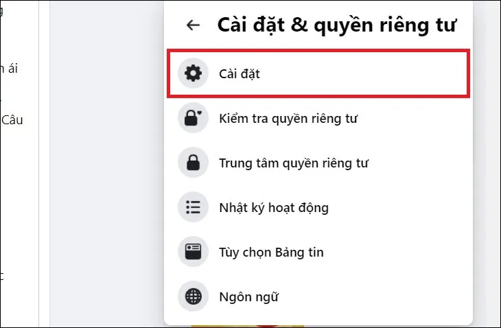 Giao diện cài đặt Facebook với các mục tùy chọn, người dùng đã chọn mục &quot;Cài đặt&quot; để tiếp tục quá trình cách sửa tên Facebook trên máy tính.