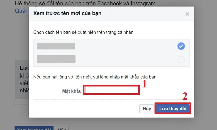Cửa sổ xác nhận thay đổi tên trên Facebook yêu cầu người dùng nhập mật khẩu tài khoản để hoàn tất việc cập nhật, trước khi nhấn &quot;Lưu thay đổi&quot;.