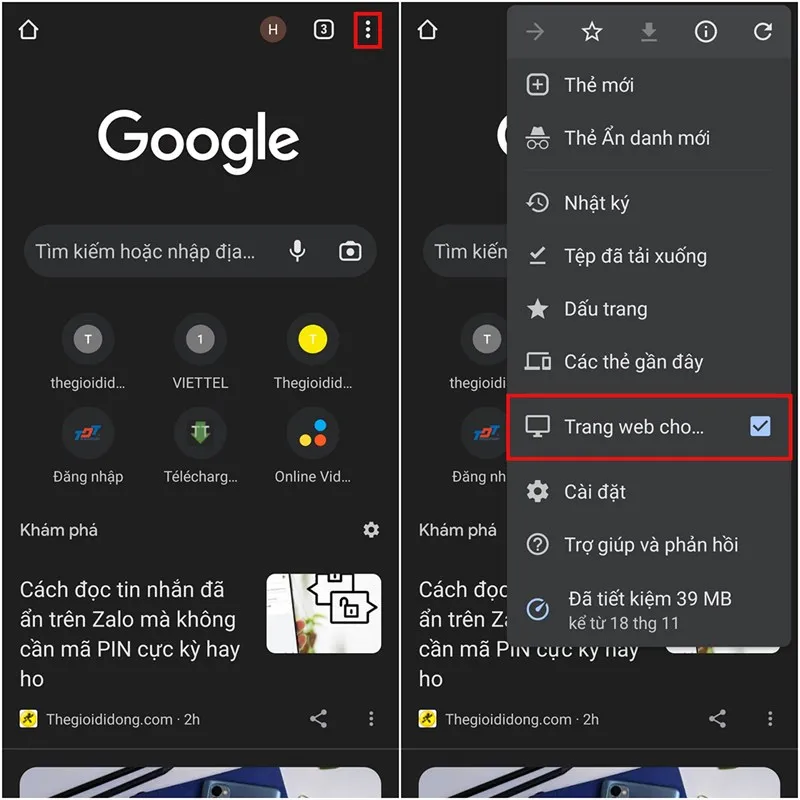 Điện thoại B truy cập trình duyệt ở chế độ trang web cho máy tính