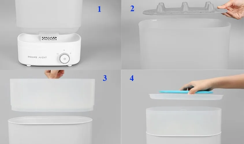 Sắp xếp các bộ phận của máy tiệt trùng bình sữa Avent trước khi vận hành lần đầu.