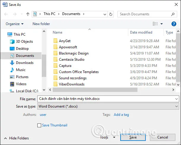 Lựa chọn thư mục và đặt tên cho văn bản để dễ dàng quản lý khi sử dụng máy tính đánh văn bản