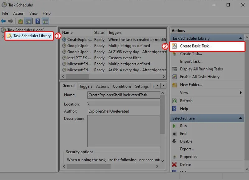 Chọn 'Create Basic Task' trong Task Scheduler để lên lịch tắt máy tính