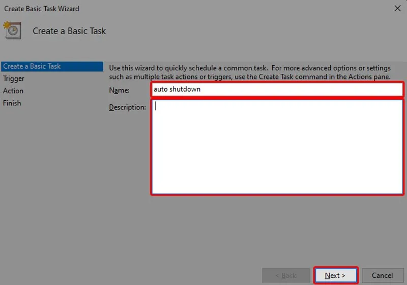 Đặt tên và mô tả cho tác vụ hẹn giờ cài máy tính tự tắt khi không sử dụng