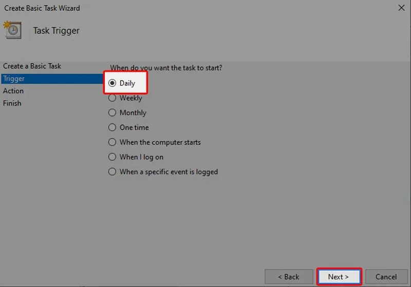 Lựa chọn tần suất lặp lại để cài máy tính tự tắt khi không sử dụng định kỳ
