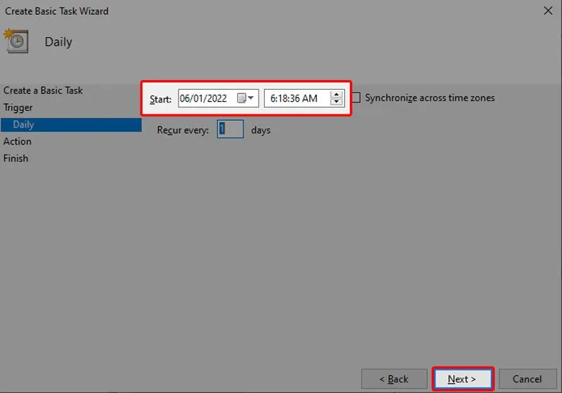 Thiết lập ngày và giờ bắt đầu cho tác vụ cài máy tính tự tắt khi không sử dụng