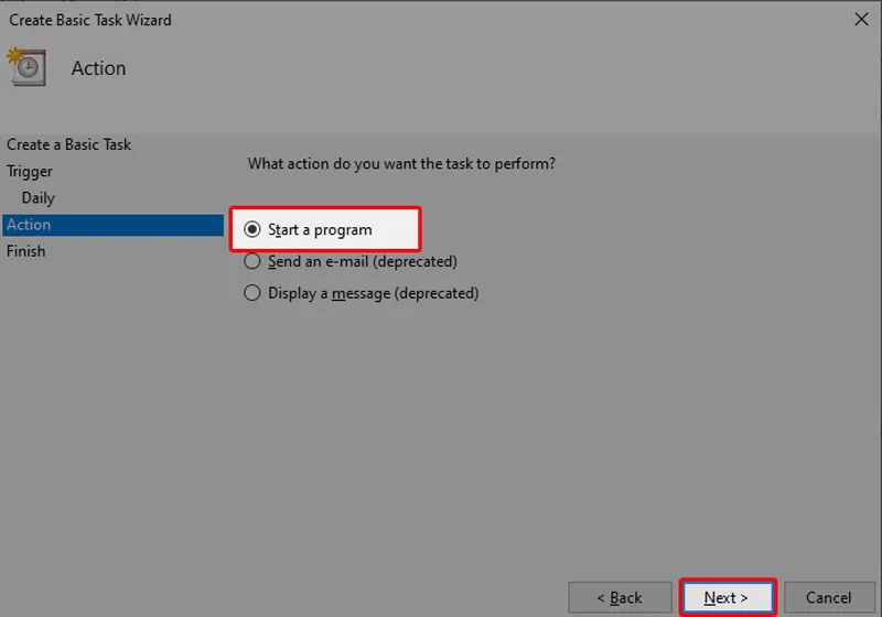 Chọn hành động 'Start a program' để khởi chạy lệnh tắt máy tính