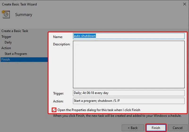 Kiểm tra lại toàn bộ cài đặt hẹn giờ và hoàn tất tác vụ tắt máy tính