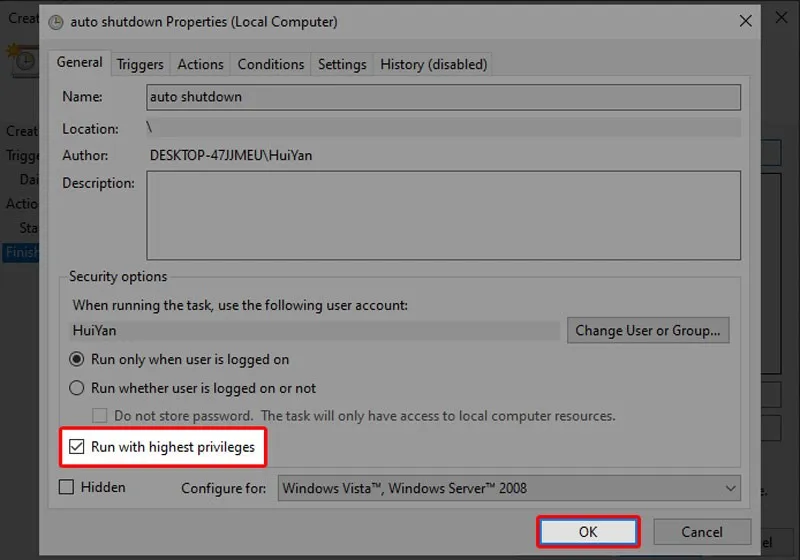 Thiết lập quyền ưu tiên cao nhất cho tác vụ cài máy tính tự tắt khi không sử dụng