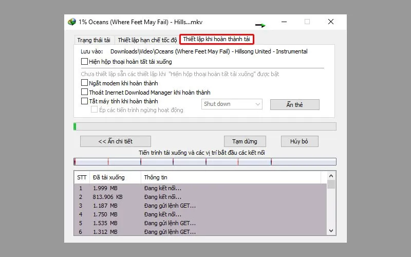 Tùy chọn thiết lập trong IDM để cài máy tính tự tắt khi không sử dụng sau khi tải xong