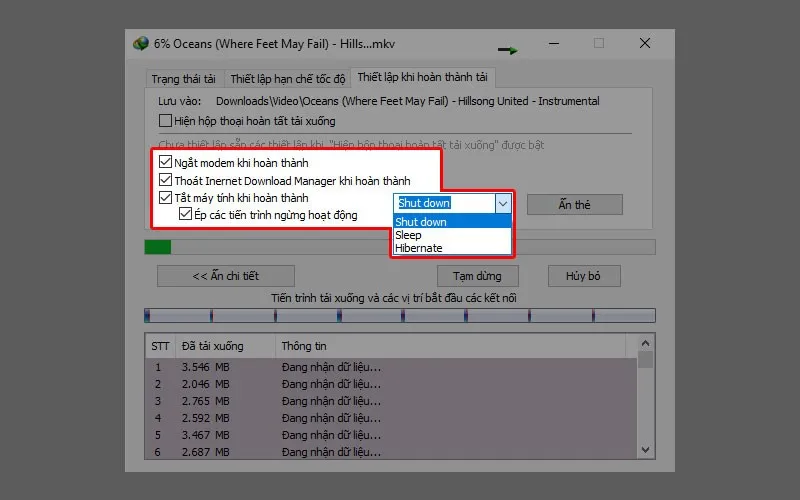 Kích hoạt chức năng tắt máy tính tự động trong IDM khi hoàn tất tác vụ