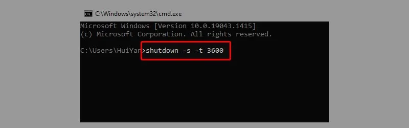 Giao diện Command Prompt hiển thị dòng lệnh cài máy tính tự tắt khi không sử dụng theo thời gian